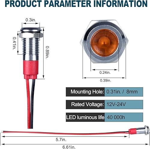 Miniatura 8 de 5pcs 12V-24V ahorro de energía LED luz indicadora agujero de montaje 0.315 in (13") 20mA impermeable ancho cabeza plana lámpara piloto tablero