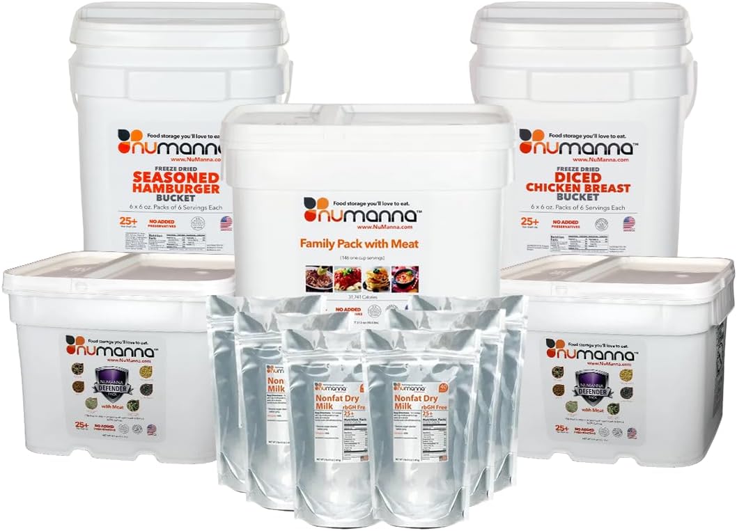 NuMannaSurvival Kit 850 Servings Includes 1 Family Pack with Meat, 1 Diced Chicken, 1 Ground Beef, 2 Defender Nutritive Packs with Meat & 6 Hormone-Free Milk Powder Pouches for Camping, Daily Use