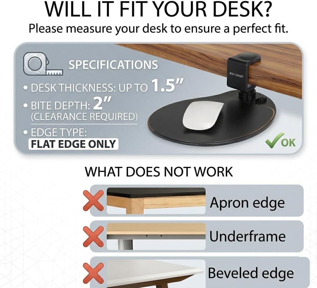MAX SMART Clamp on Mouse Platform, Clip on Mouse Pad, Rotating 360, Easy Slide Out Tray, Suitable Up to for 1.5" Thickness Desk, for Home, Office to Save Space (Black)