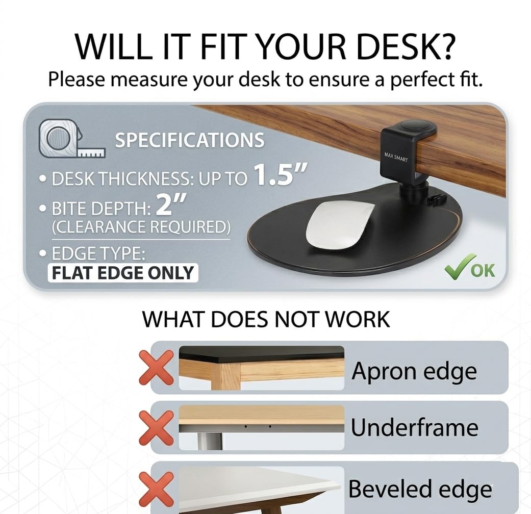 MAX SMART Mauspad, ergonomisch, zum Anklemmen unter dem Schreibtisch, drehbar, 10,2 x 19,8 cm, 360° drehbar, Schwarz (Polypropylen-Material)