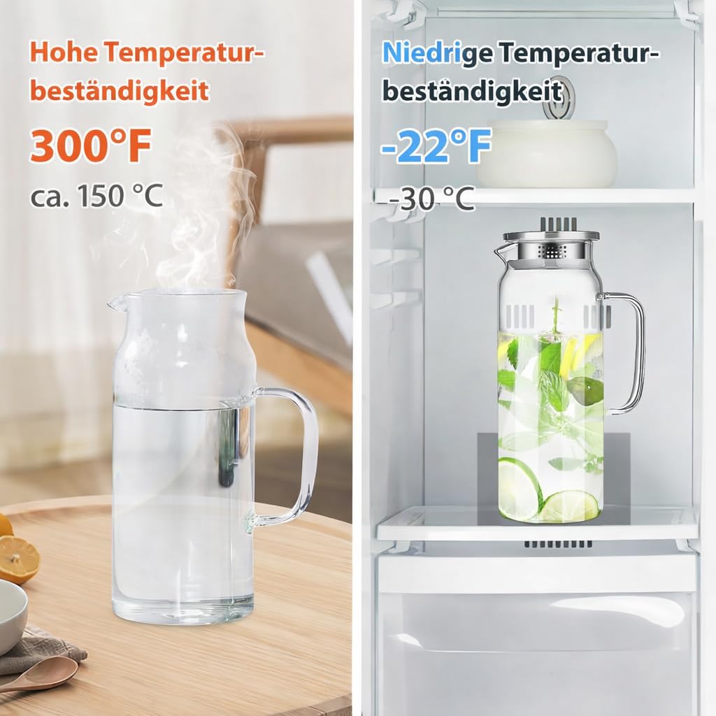 2 caraffa in vetro con coperchio, 2 l, brocca in vetro trasparente per caraffa, brocca borosilicata con manico per acqua calda e fredda, succhi di frutta, latte, tè, caffè e bevande in frigorifero