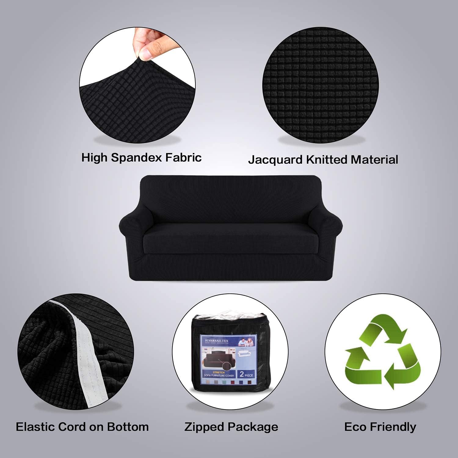 H.VERSAILTEX 2 Pieces Stretch SOFE Covers Bundle Loveseat Slipcover Bundle Chair Cover, Feature Upgraded Thicker Jacquard Fabric, Black