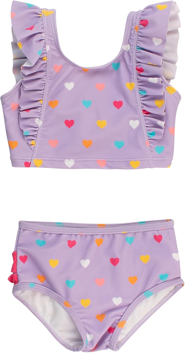 RuffleButts Baby/Toddler Girls UPF50+ Waterfall Tankini Two Piece Swimsuit - Lavender Colorful Hearts, 6-12m