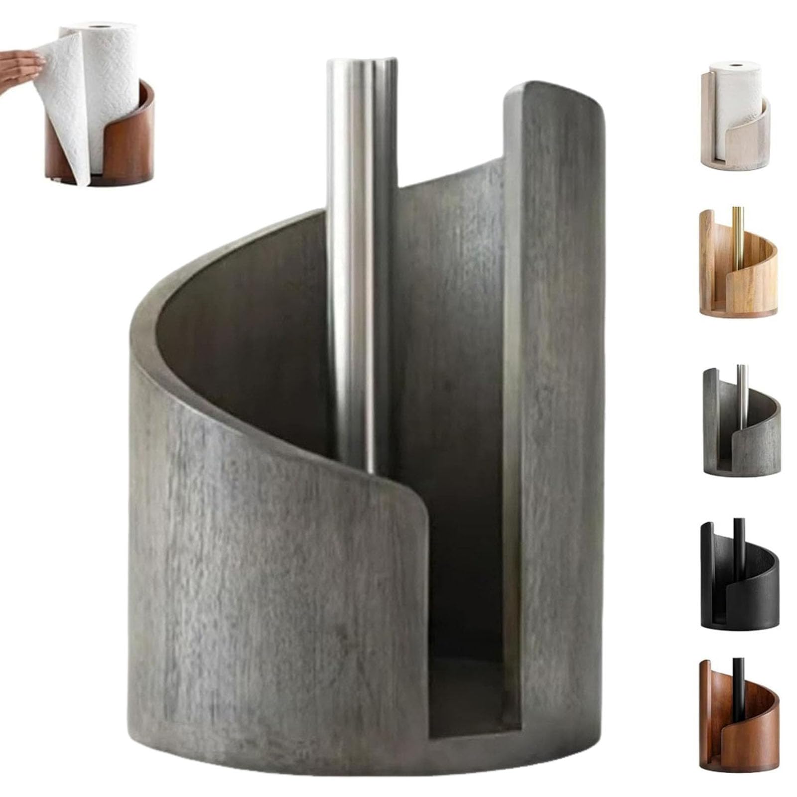Mountain Paper Towel Holder ，Round Wooden Kitchen Roll Holder Free Standing Countertop Standing Rolls Hold With Sturdy Anti-Slip BaseFor Kitchen, Toilet, Pantry And Bathroom (Grey)