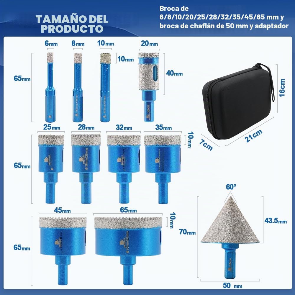 Juego de Brocas Diamante - 6/8/10/20/25/28/32/35/45/65mm Corona diamante+50mm Brocas Chaflán Biselado para Porcelanico Cerámica Mármol Granito