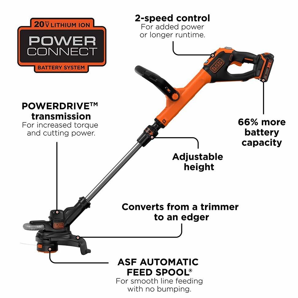 Image of BLACK+DECKER 20V MAX 12 Inch Weed Eater Cordless String Trimmer and Wheeled Edger Lawn Tool with Spool, 2.5Ah Battery and Charger Included, Lightweight, 2 Speed PowerDrive (LST522)