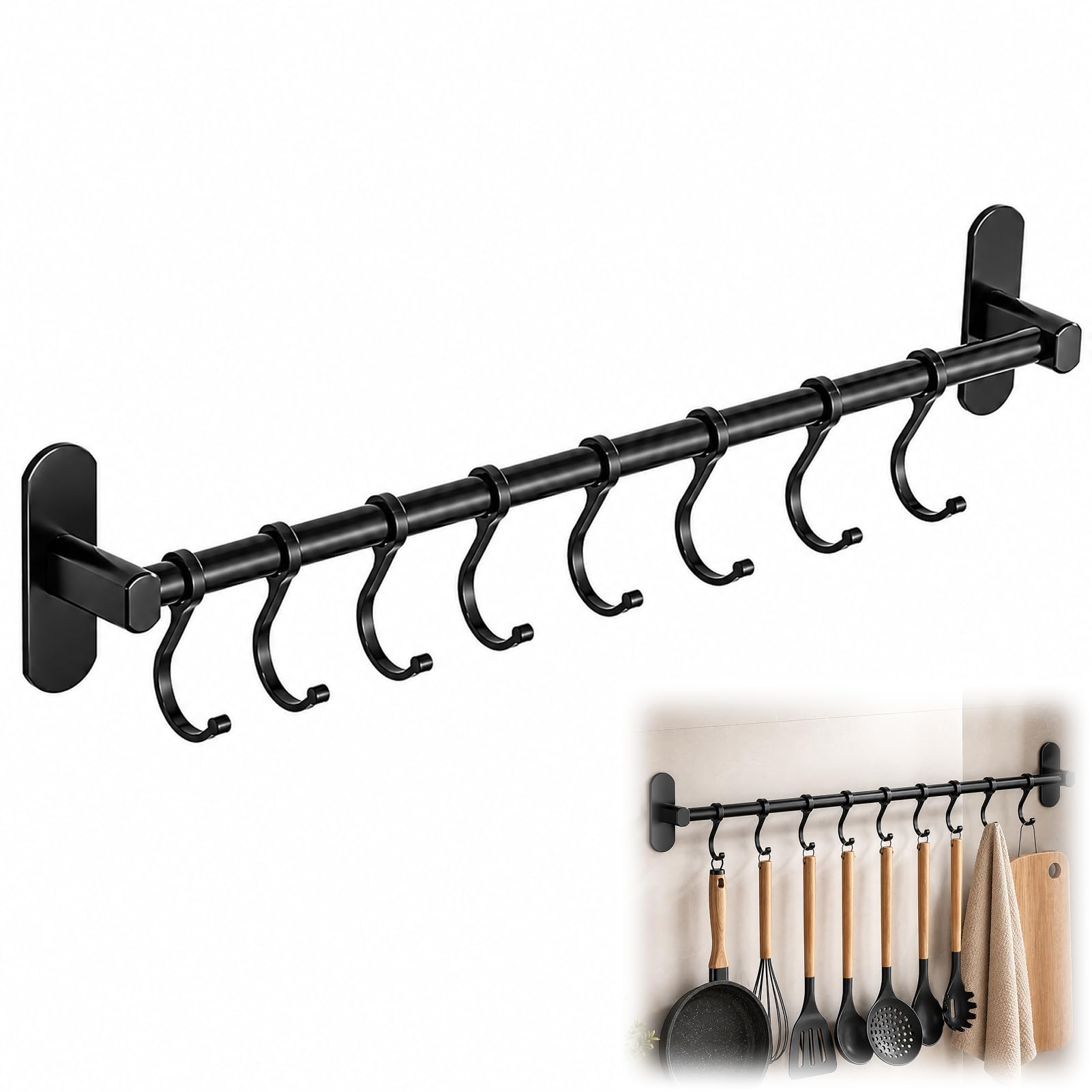 Yerozhui Black Utensil Rack, Kitchen Utensil Rack 50cm 8 Hooks, No Drill Aluminium Utensil Rail, Wall-Mounted, Strong Self-Adhesive, Space-Saving Kitchen Hooks for Utensils, Pans, and Tools