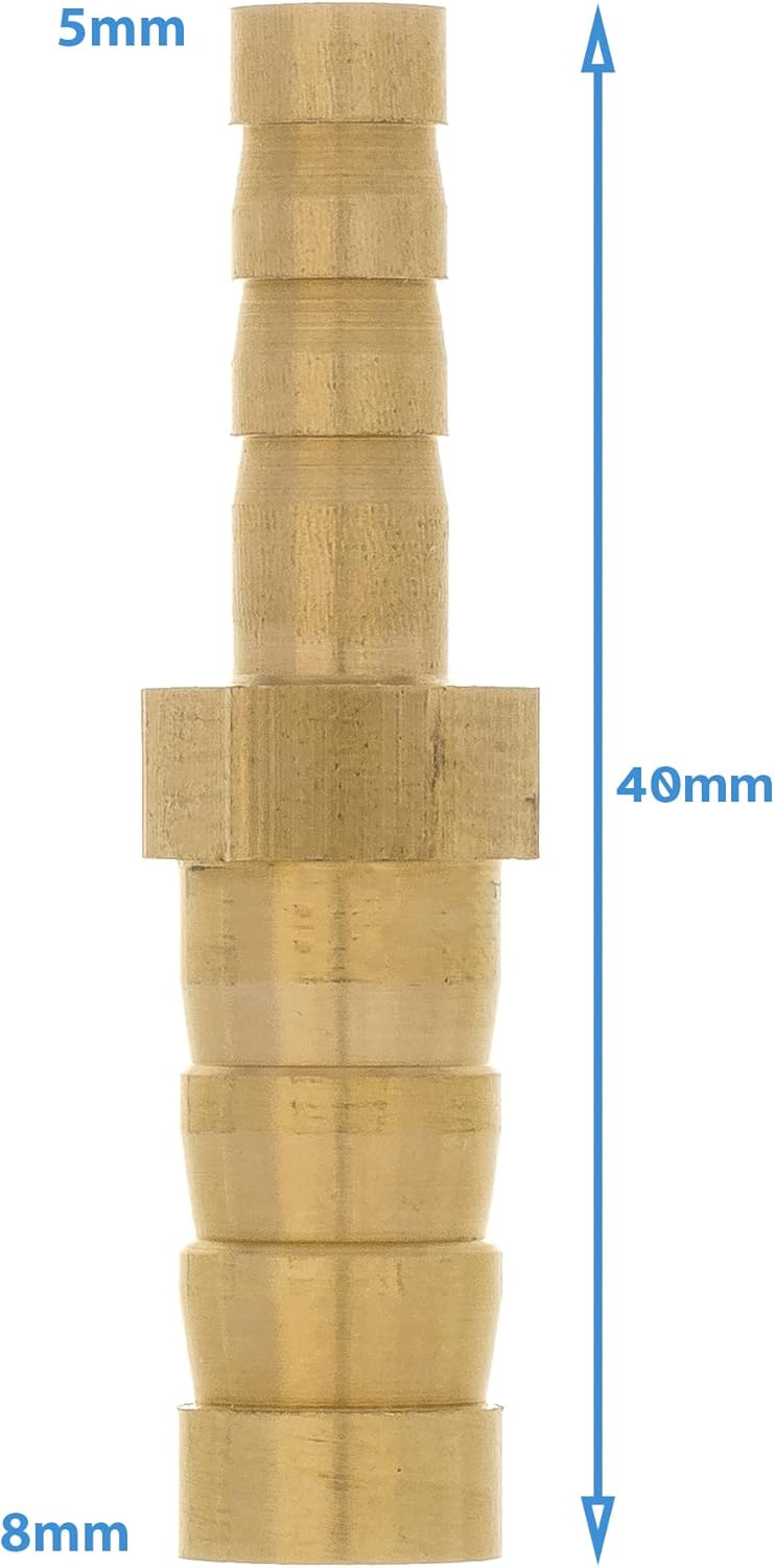 8mm to 5mm Brass Straight Barbed Pipe Fitting Connector Plumbing Hose, Barb Tubing Adapter Coupler Reducer Converter, Used to Connect Lines for Air, Water, Fuel, Oil and Inert Gases