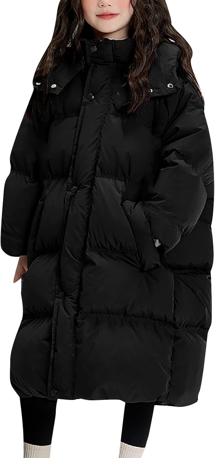 Long Puffer Jacket for Girls Heavyweight Windbreaker Thermal Insulated Down Coat Winter Cozy Puffy Knee-Length Outerwear