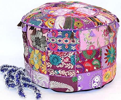 GANESHAM Handicraft - Beautiful Handmade Purple Christmas Bohemian Ottoman Patchwork Ottoman Indian Embroidered Indian Vintage Cotton Round Pouf Foot Stool, Vintage Ottoman Bohemian Decor