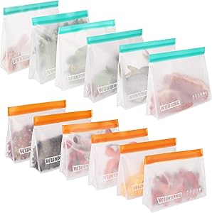 Reusable Food Storage Bags - 12 Pack BPA FREE Stand Up Reusable Freezer Bags( 6 Large Leakproof Upgrade Sandwich Bags + 6 Medium Food Grade Kids Snack Bags) Resealable Lunch Bag for Meat Fruit Veggies
