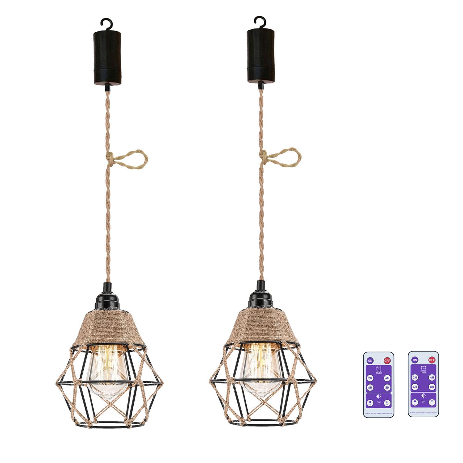 2x Boho Batterie Hängelampe Vintage Deckenlampe Rattan Lampenschirm | Fernbedienung Dimmbar 2700K LED, Batteriebetrieben Ohne Stromanschluss, Hängend Akku Lampe, für Balkon Garten Küche Keller