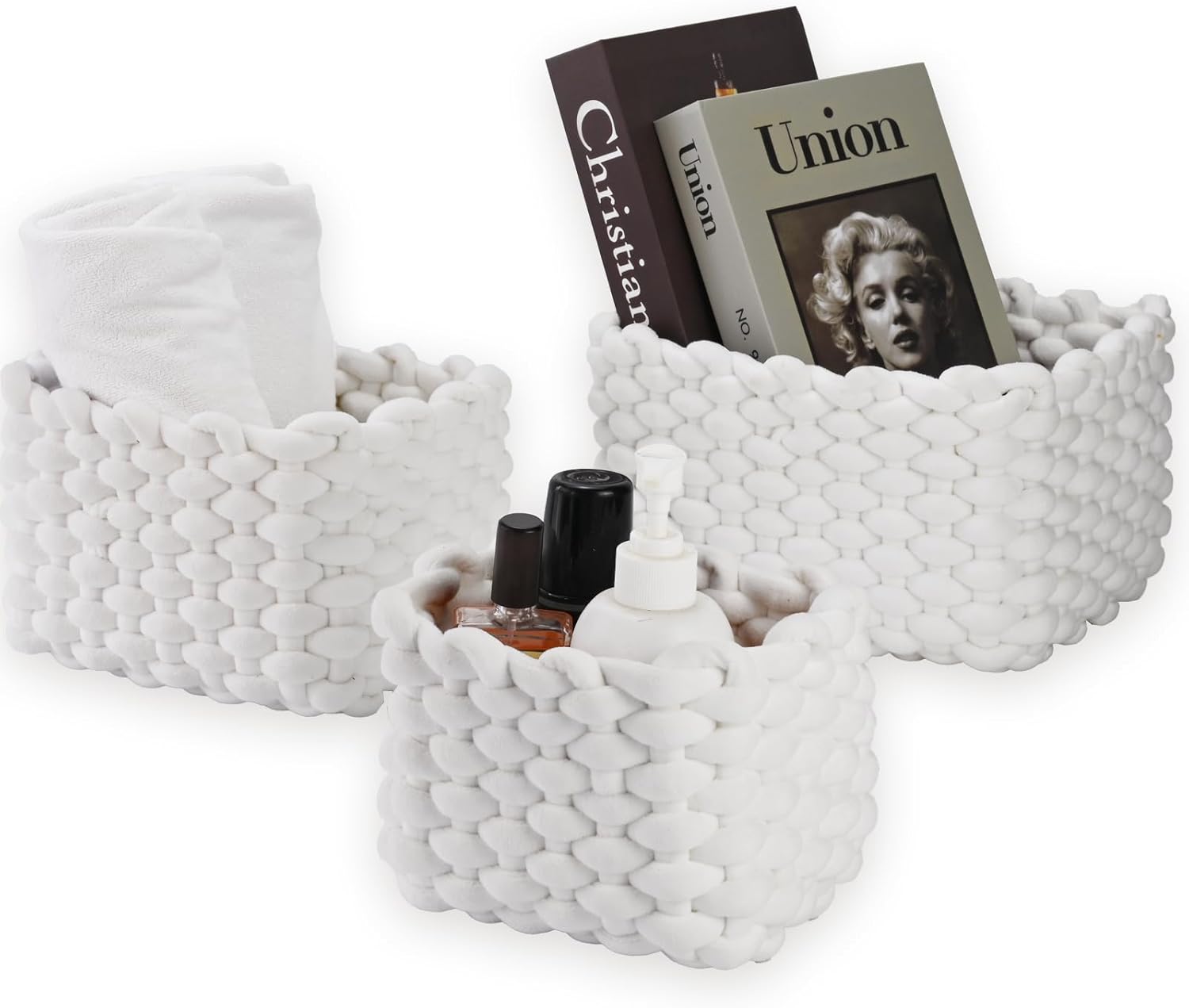 Cotton Storage Baskets, Set of 3 – Braided Organiser Basket for Cupboard, Bathroom, Kitchen – Storage for Small Household Items (White)