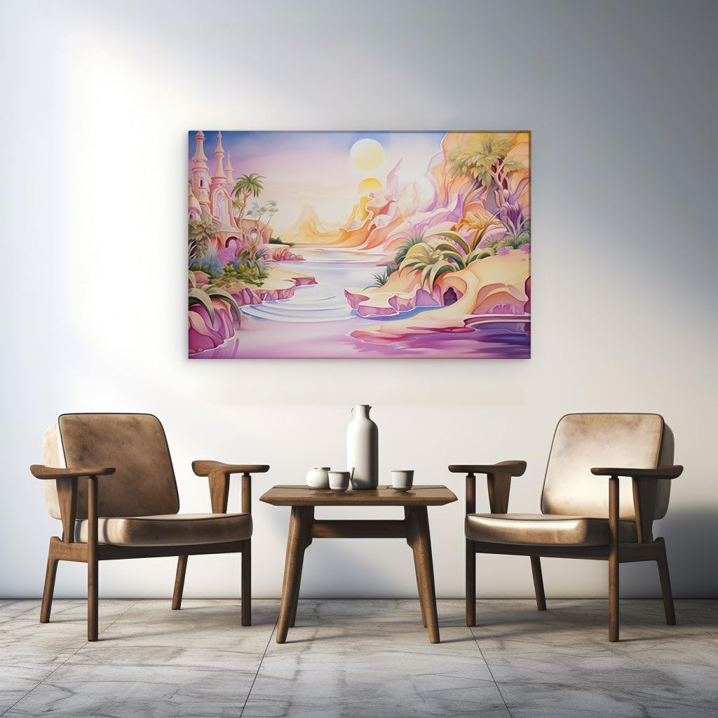 Canvas for Living room. Sunset Serenity: The Enchanted Riverside Castle Oasis, 27 x 18 inch Canvas Wall Art - Contemporary Masterpieces - Modern Home Decor - 69x46 cm (27x18 inch)