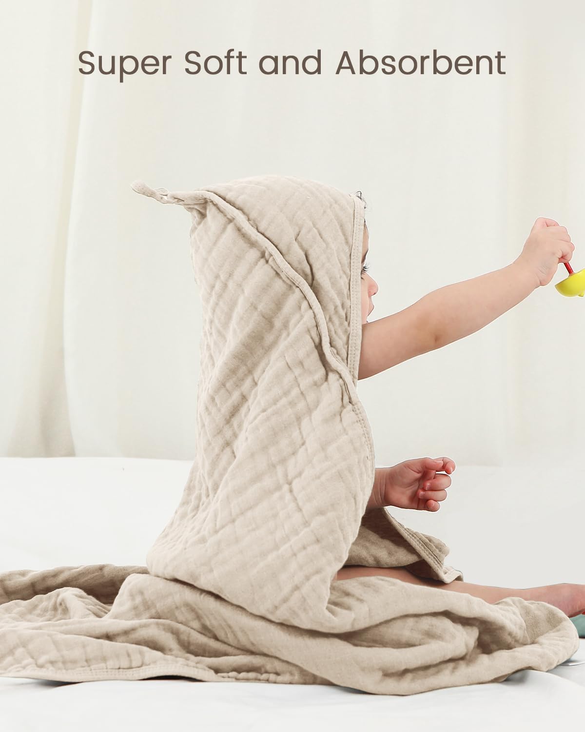 Newborn Hooded Baby Towels, 35x35 Inch 2 Pack 100% Muslin Cotton Baby Bath Towel, Soft Baby Beach Towels with Hood for Infants, Toddlers and Kids, (White + Beige) - Image 2