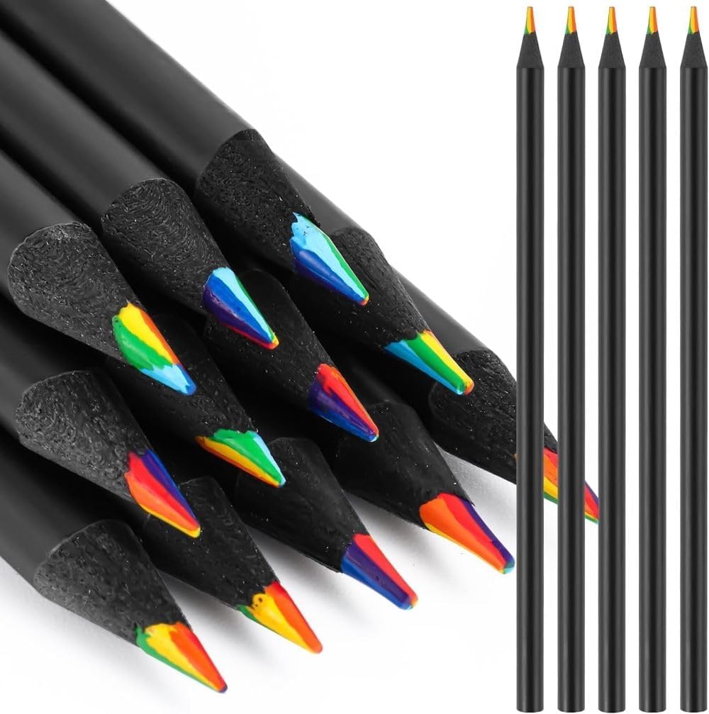 Krupanidhi 12 pc set rainbow pencils, 7 color in 1 black wooden rainbows colored pencils, Rainbow Colored Pencil Art Supplies for Girls Boys, Coloring Drawing Sketching, Pre-sharpened.