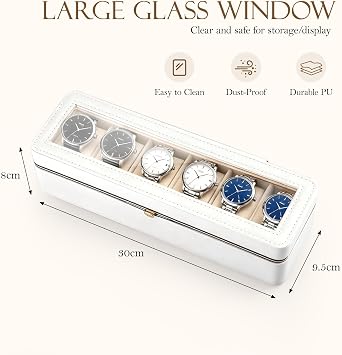Watch Box 6 Slots Watch Case with Glass Lid Watch Display Storage Box for Men and Women Removable Watch Pillows Metal Clasp Synthetic Leather Velvet Lining Watch Box (White)