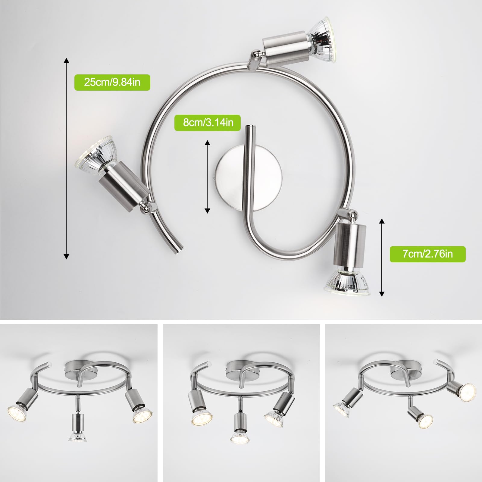 Bojim Lampara de Techo LED con 3 Focos, Aplique Comedor Interior Orientable Light, incl. 3 X 6W GU10 Blanco Natural Luces Lámpara, Luz Barra Pared Plafon Ceiling para Baño Pasillo Cocina, Níquel Mate