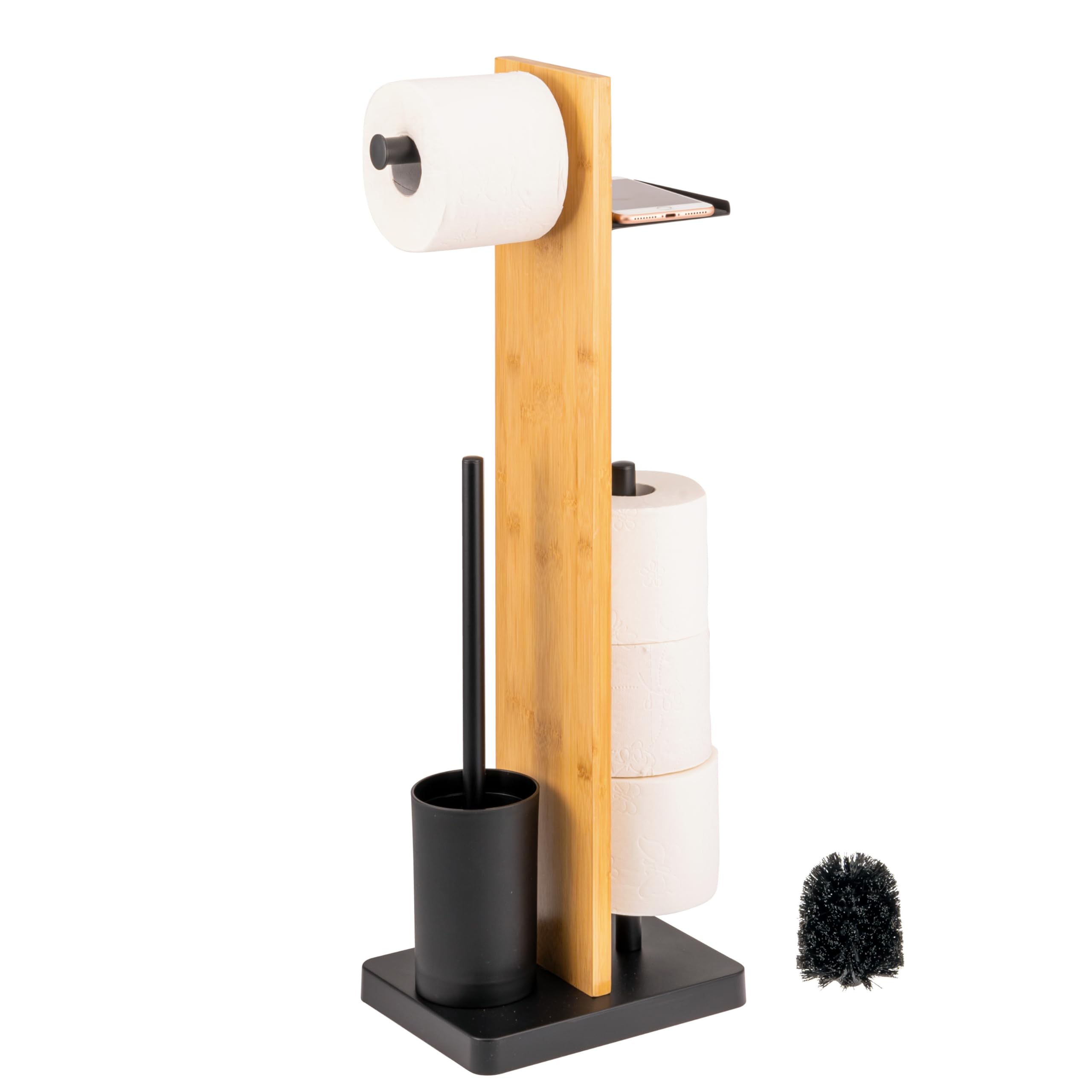 eluno Set per WC a pavimento 4 in 1, scopino per WC, porta rotolo, ripiano, bambù/metallo (nero)