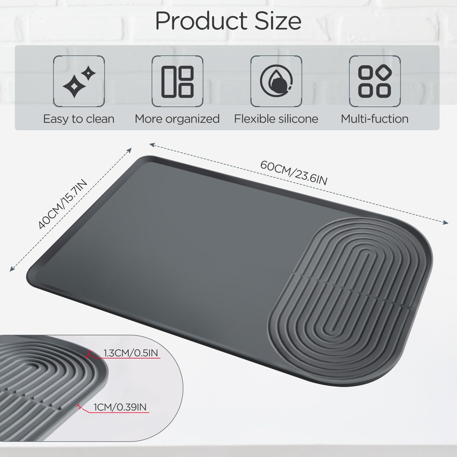 Silicone Coffee Mat, 24''x16'' Coffee Bar Mat with Raised Edges, Fit Coffee Beverage Bar Accessories, Kitchen, Espresso Machine, Dish Rack and Drying Mat ? (Grey, 24''x16'')