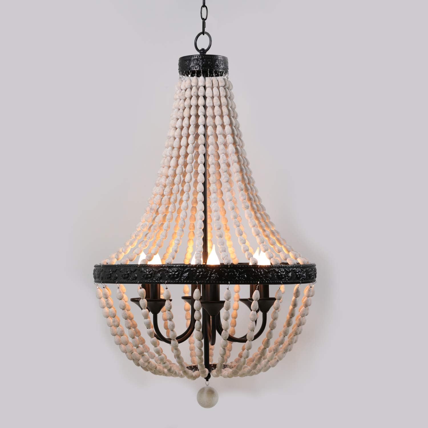 70% Off Discount Wood Beaded Chandelier Ceiling Pendant 6-Light Fixture Wooden Bead and Metal Chandeliers, Industrial Metal Ceiling Lamp Kitchen Island Vintage Hanging Light Fixtures