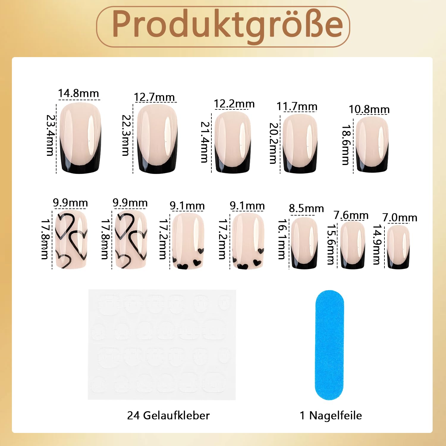 24 sztuki French Tip Press on Nails krótkie kwadratowe sztuczne paznokcie krótkie, czarne, akrylowe paznokcie z białym sercem, do naklejania, Fake Nails Soft Gel Extra Short naturalne i przyjemne