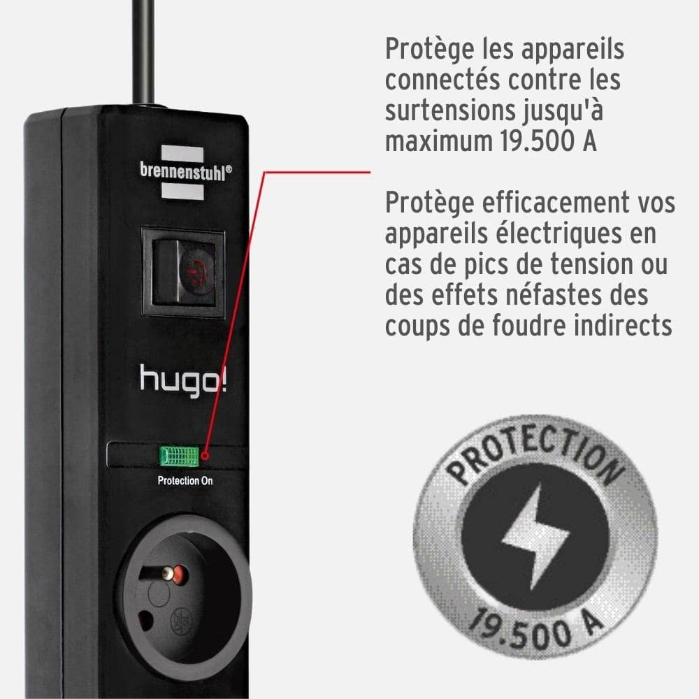 Brennenstuhl Multiprise Hugo! Noire, 7 Prises + 2 Prises USB, avec parafoudre et 2m de câble (19.500A)
