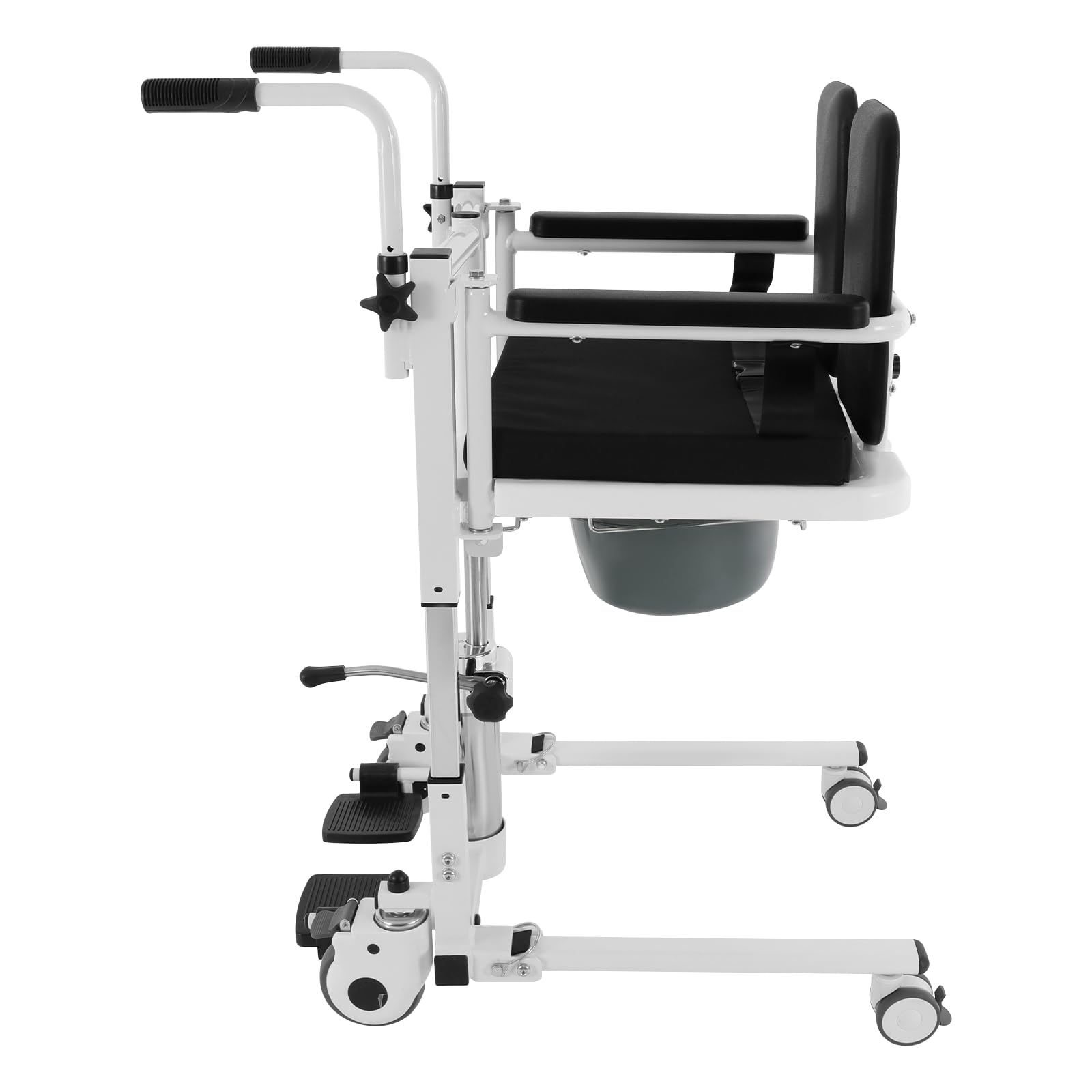 Silla elevadora hidráulica para pacientes mayores, altura regulable, reposabrazos de 3 niveles, respaldo de 180°, plegable, con ruedas y orinal, 150 kg