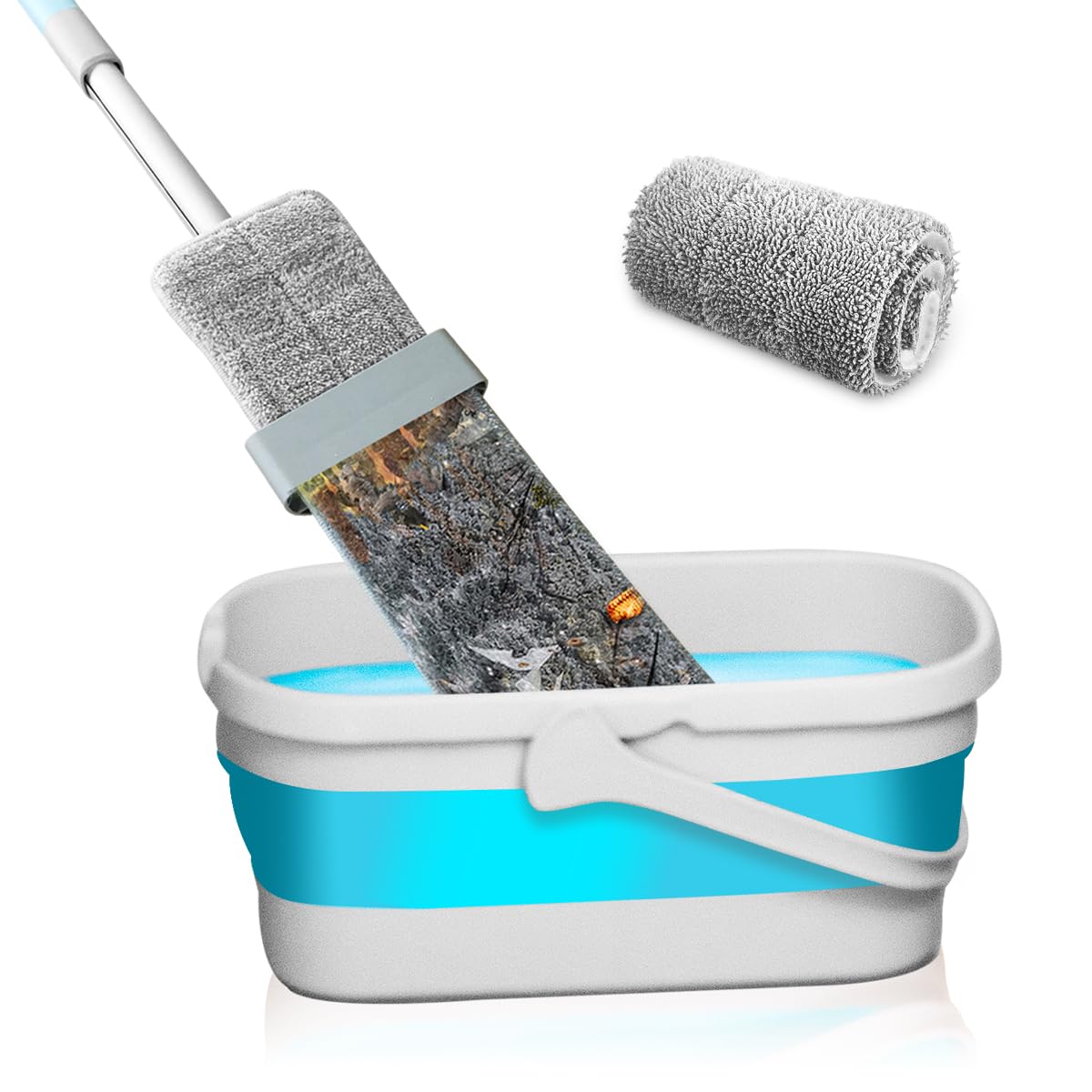 Wischmopp mit faltbarem Eimer, Bodenwischer mit Auswringfunktion, Mikrofaser Flachmopp Komplett Set für alle Hartböden