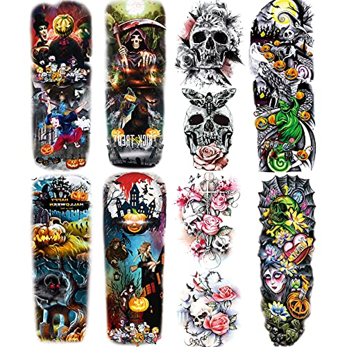 Temporary Tattoo Halloween Pumpkin, 6-Sheet Large Nightmare Before Christmas Full Arm Sleeve Tattoos and 4-Sheet Small Fake NBC Tattoo Sticker for Adults Men Women Girls Kids