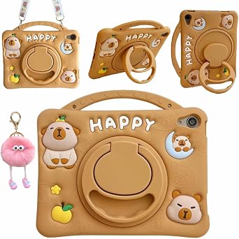 3D Cute Capybara Case for Samsung Galaxy Tab A11 2025 /Tab A9 2023 8.7 inch,Kawaii Cartoon Animal Soft Silicone Rotating Stand Case with Lanyard for Teens Girls Women