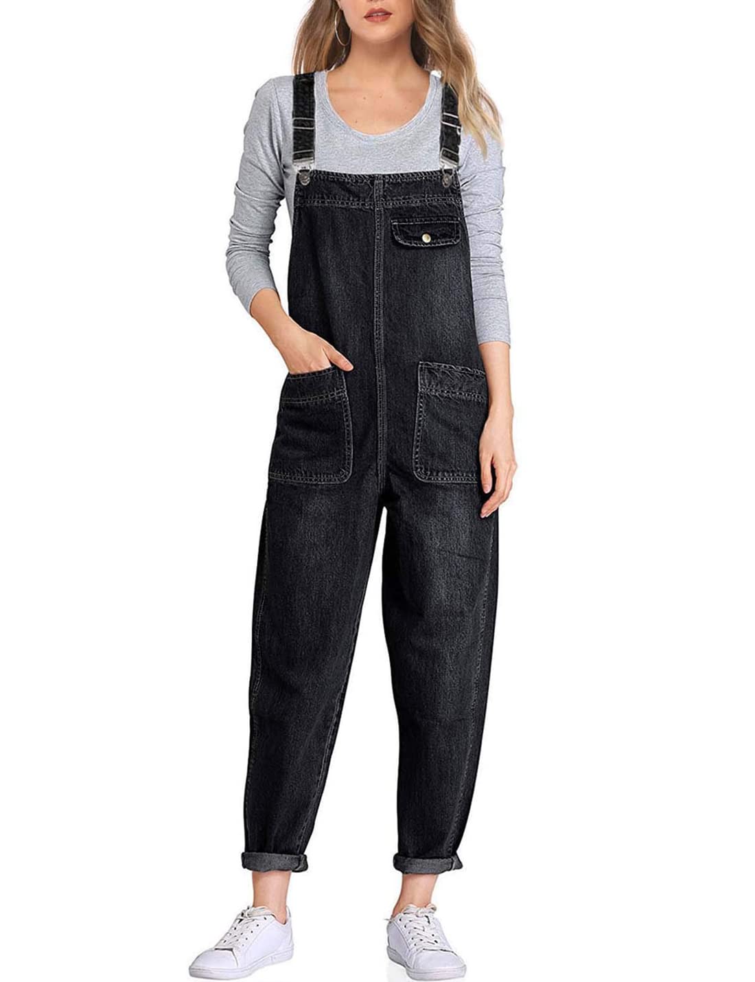 Sukany Women's Casual Baggy Denim Jean Overalls Loose Bib Dungarees Harem Romper Jumpsuit Pants Black XL