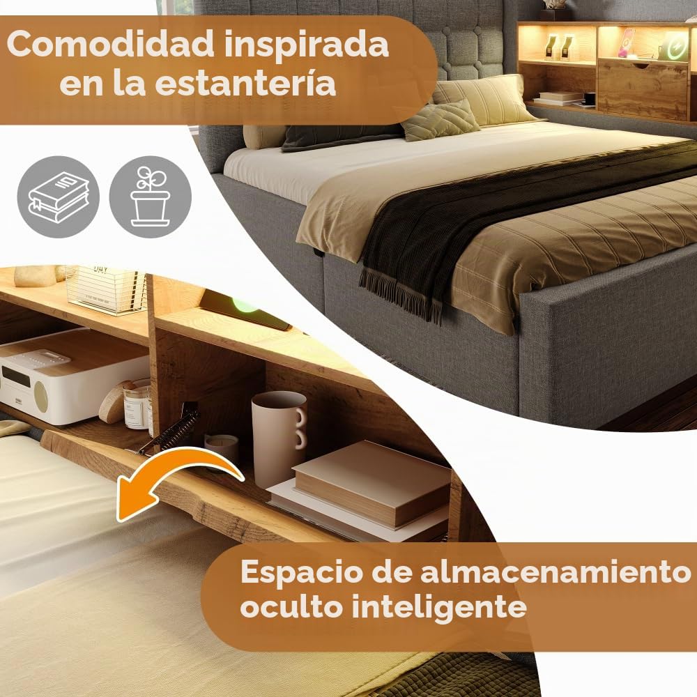 Cama tapizada de 140 x 200 cm con iluminación LED, canapé, estructura de cama, tela de lino, gris (colchón no incluido).