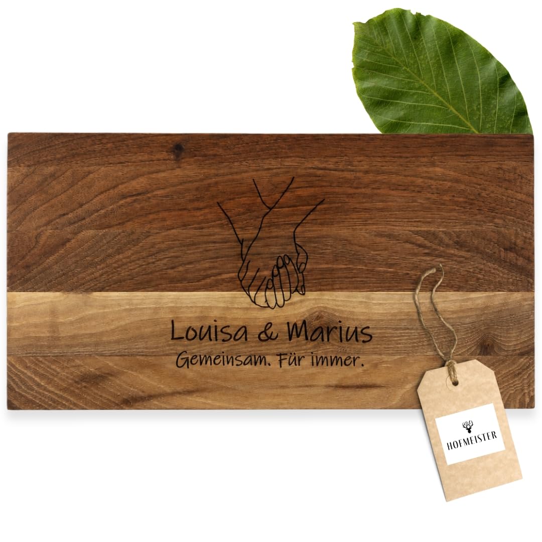 HOFMEISTER® Schneidebrett Nussbaum personalisiert mit Gravur Hände, 38 x 19 x 1,5 cm – massives Holzbrett mit Wunschnamen und Text – Geschenk für Paare, Hochzeit, Jahrestag & Valentinstag
