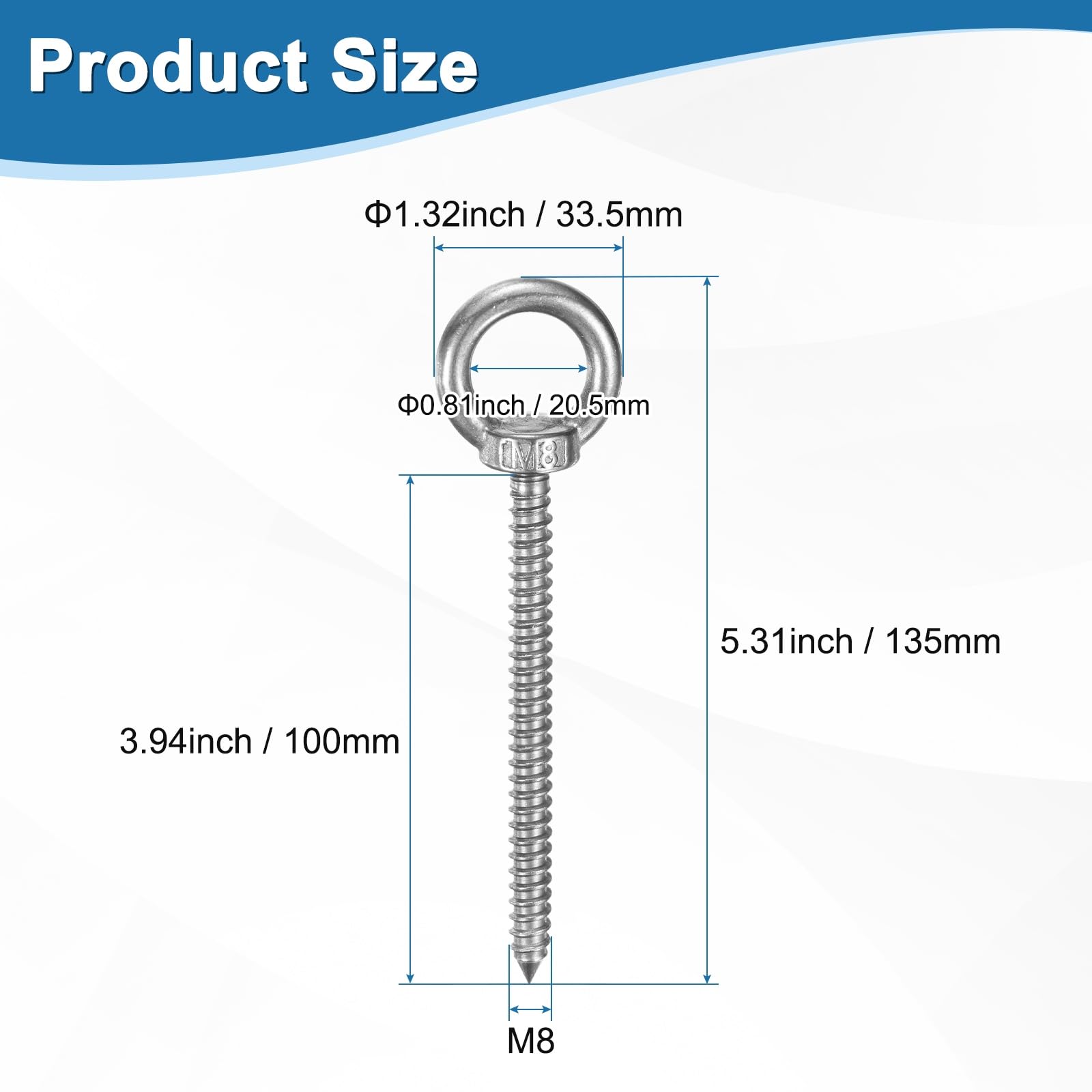 M METERXITY 1-Pack 304 Stainless Steel Eyebolt M8x100mm Shoulder Lifting Eye Bolt Self Tapping Eye Bolts for Wood Securing/Swing/Hanging Hammocks Silver - Image 3