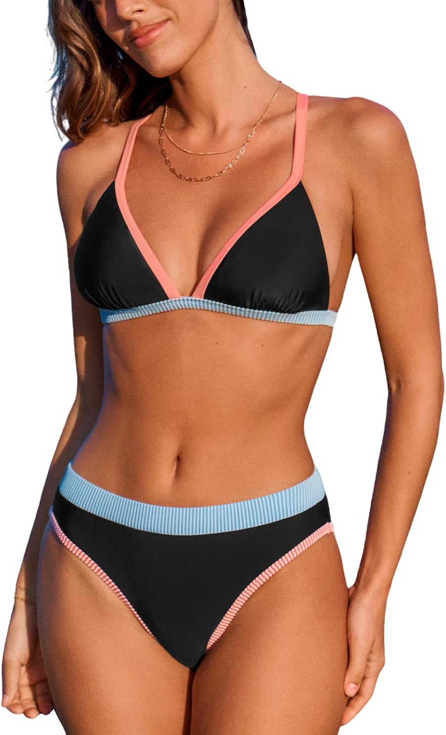 CUPSHE Women's Bikini Sets Two Piece Swimsuit Sexy Bathing Suits V Neck Back Hook Adjustable Straps Color Block