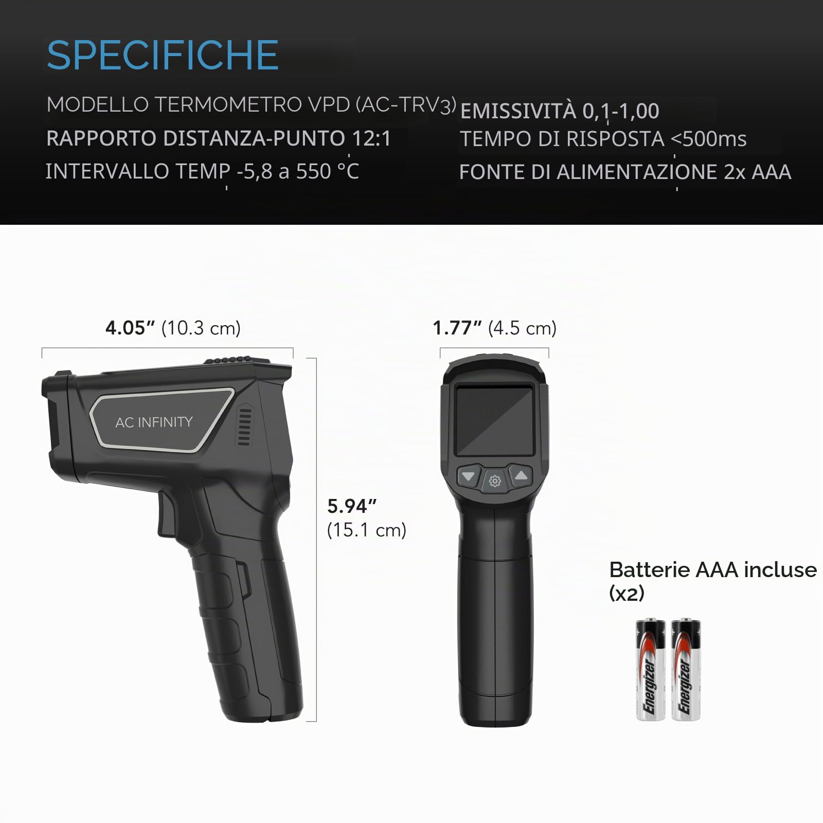 AC Infinity Termometro VPD, monitor ambientale portatile, cattura VPD e temperatura delle foglie, calibra controller intelligenti, gamma di infrarossi di precisione per piante, tende da coltivazione,