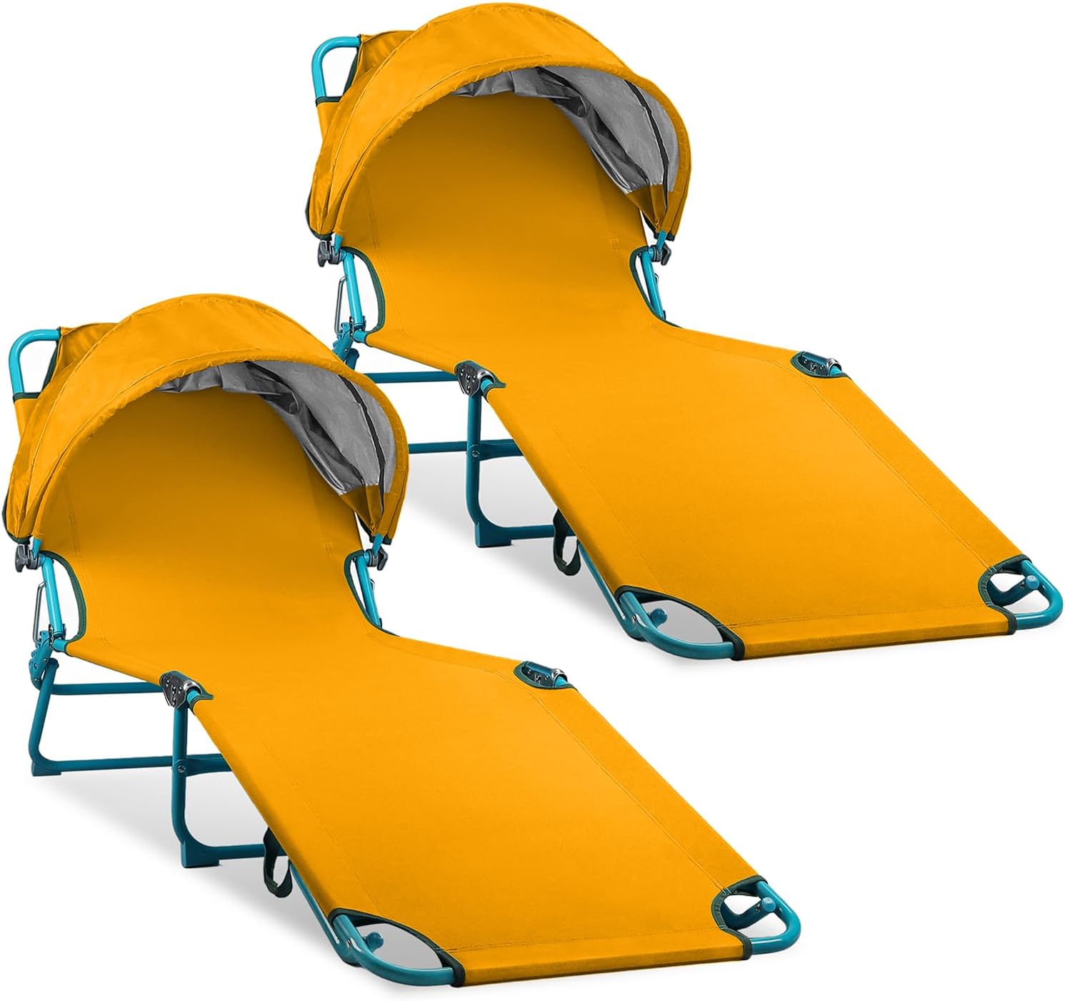 Colorsoul 2 Pack Tanning Chair with Sun Canopy,Adjustable 4-Position Beach Lounge Chair for Adults,Heavy Duty Folding Outdoor Lounge Chair,for Patio Poolside Sunbathing,UPF 50+,300 LBS,Yellow