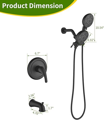 Miniatura 7 de INAGE Juego de grifo de ducha negro mate con desviador de agua de 3 vías, sistema de ducha dual con accesorio de ducha 2 en 1 de mano, kit de