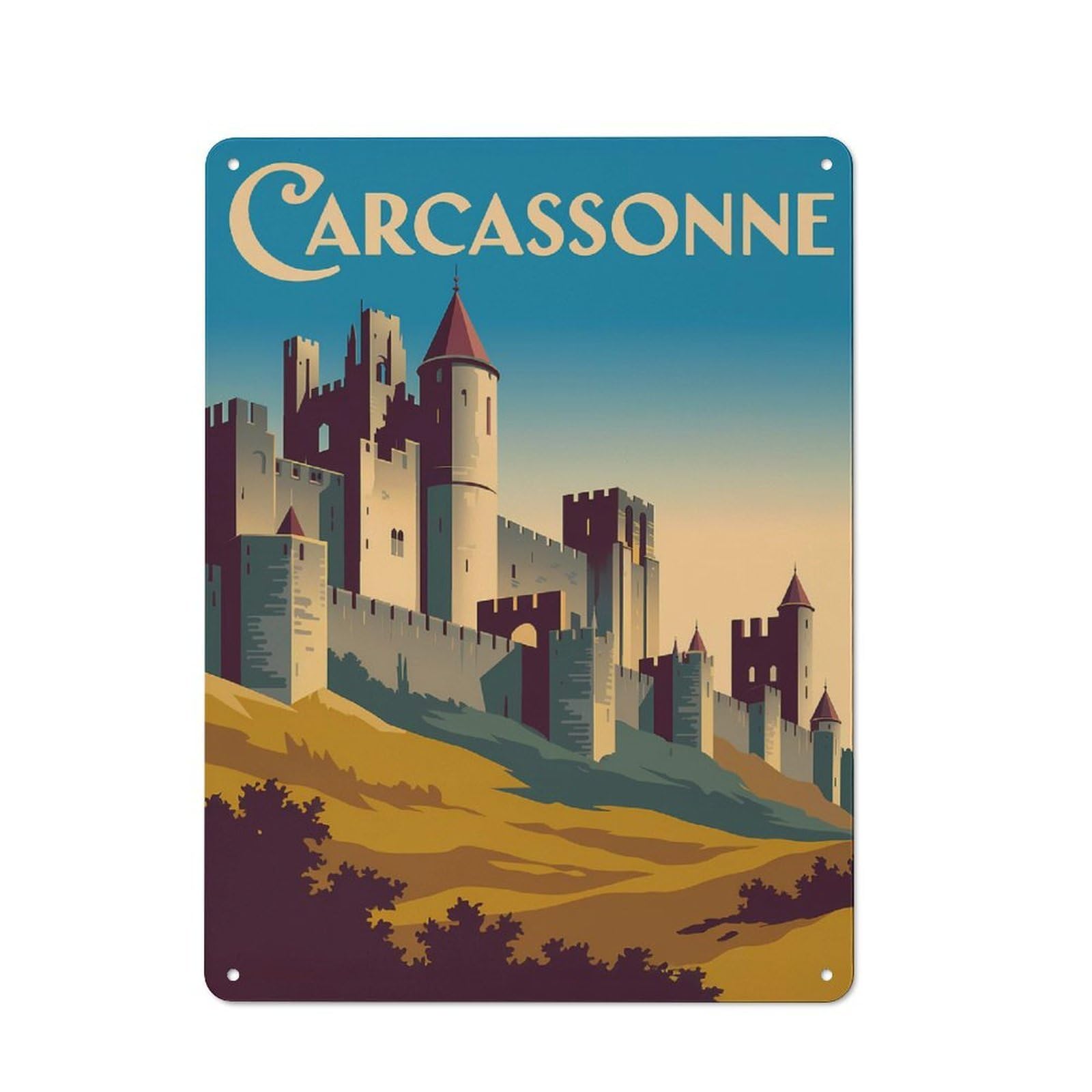 Junmoney Style-6 Carcassonne Castle Vintage Travel Printed Metal Sign 40X30cm For Dining Room Or Kitchen, For Kitchen Wall Decor Lovers