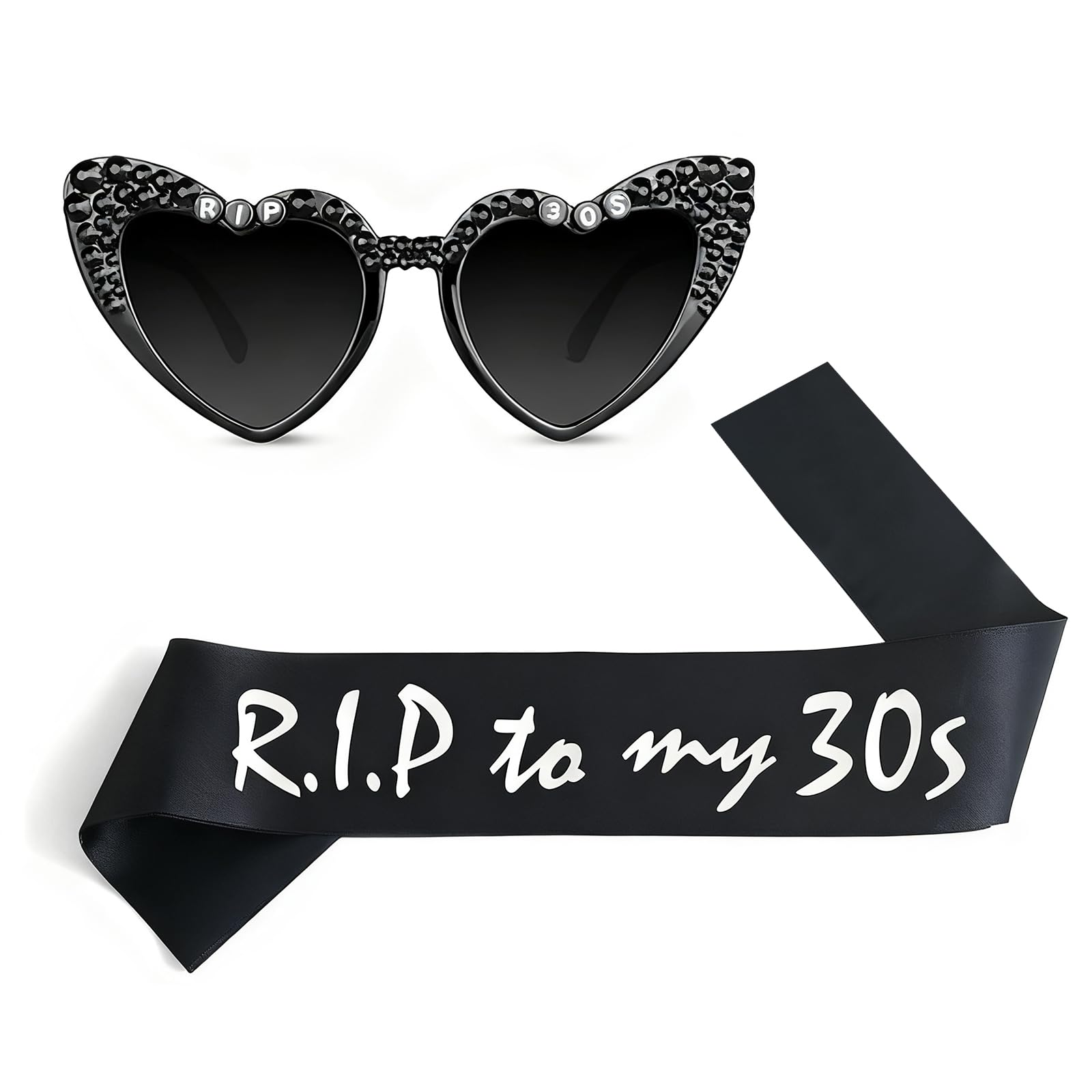 30th Birthday Glasses for Women, 30s Sparkling Black Heart Glasses with Bling Diamonds and 30th Birthday Sash for Women, Rip to My 30s Birthdays Sunglasses and Sash Set for 30ths birthday decorations