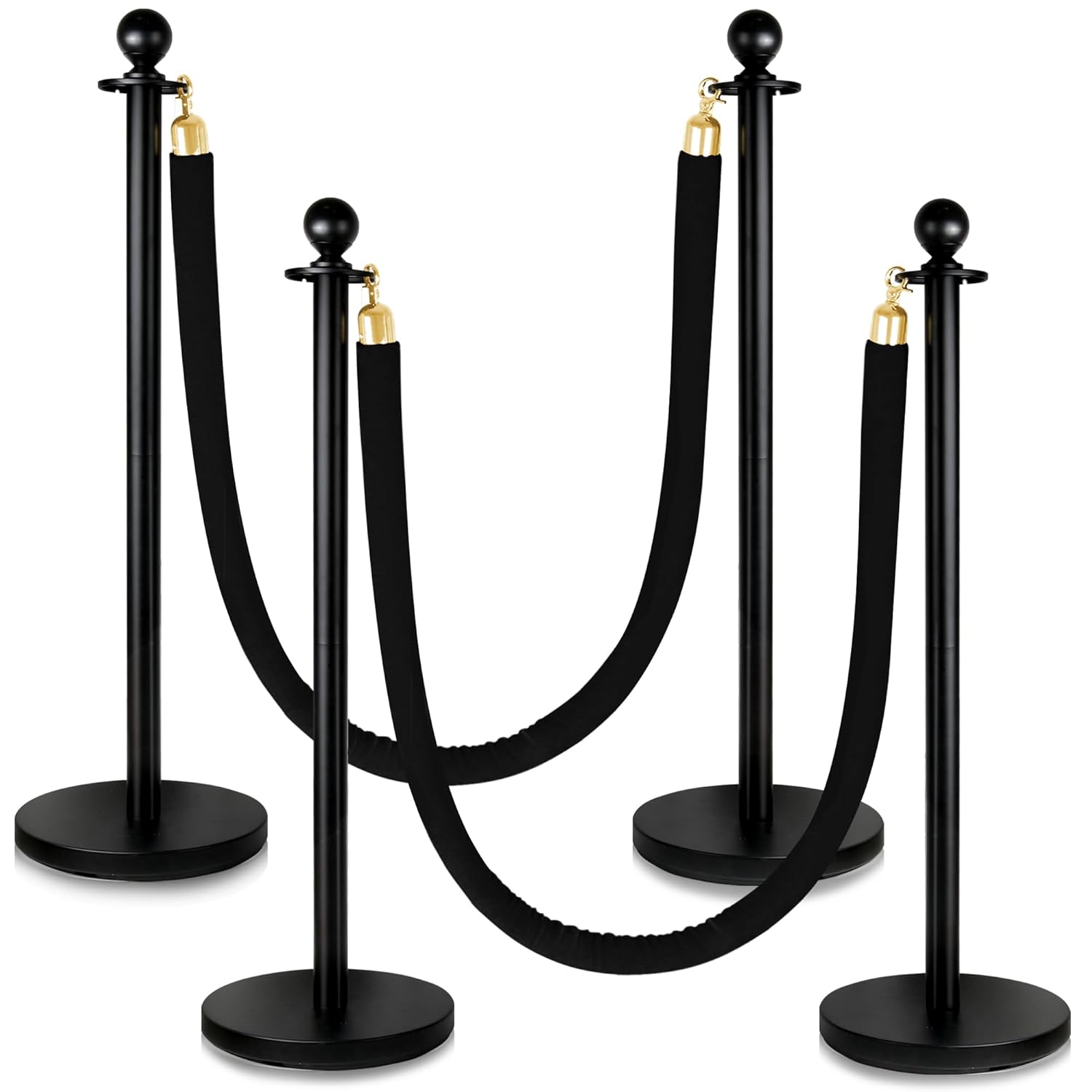 4 Pack Stanchions Post with Velvet Rope, Heavy Duty Metal Posts with Weighted Base, Crowd Control Barriers & Poles for Red Carpet, Movie Theater, Event, Party Supplies (Black)