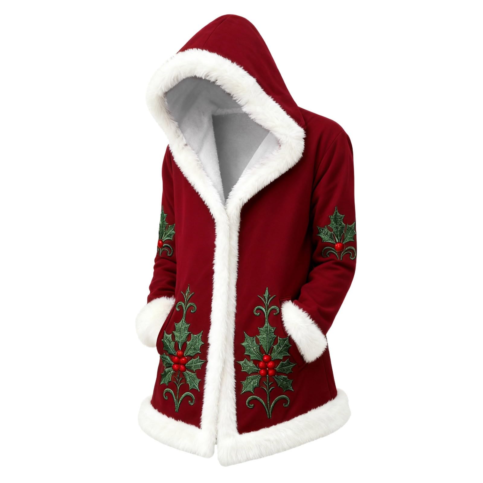 Red Velvet Christmas Costume for Men Red Hooded Cape Santa Coat Plush Lining Long Sleeve Longline Soft Warm Fluffy Festival Holiday Party Xmas Winter Cardigan