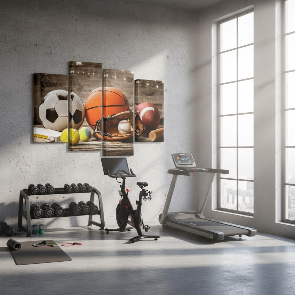 FuShvre Sport Pictures for Man Cave Football Basketball Baseball Rugby Canvas Wall Art Prints Ball Posters for Boys Teens Men's Bedroom Decor Gift for Sports Fan Framed