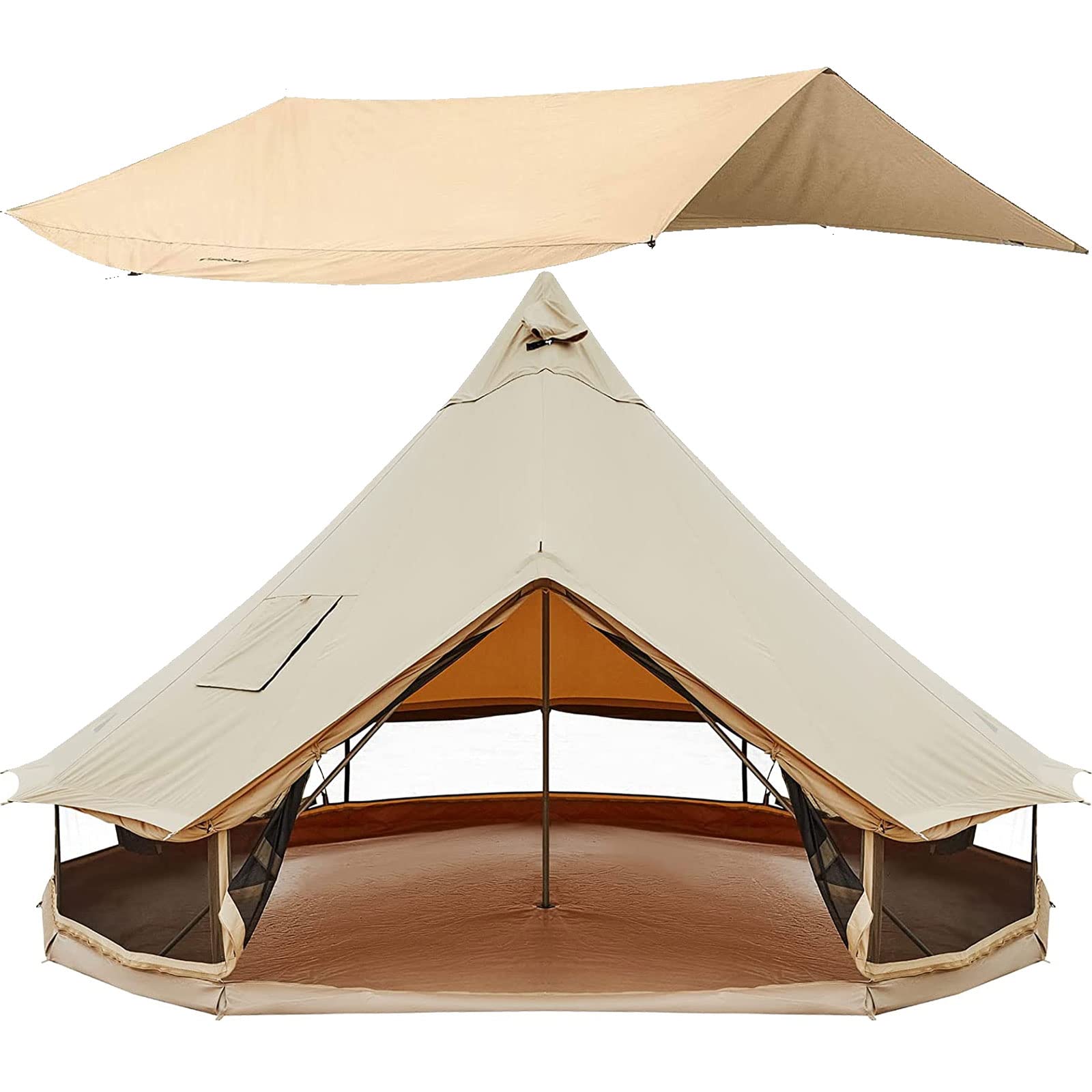 KingCamp Khan Glamping Bell Tent 16.4ft Oversize Space with Tearproof 13ft Camping Tarp All Cotton Heavy Duty Waterproof Luxury Outdoor Bell Tent w/Stove Jack for 8/10 Person Camping in All Seasons