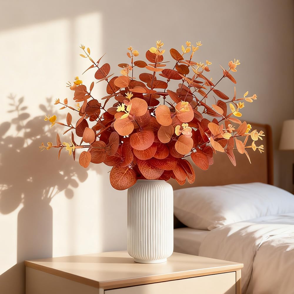 RHQFDM 30 Pieces Artificial Eucalyptus,Realistic Fake Autumn Leaves,31cm Fall Floral Greenery Sprigs for Vase Filler,Table Centerpieces,Wreaths,Door&Home Decor(Orange)
