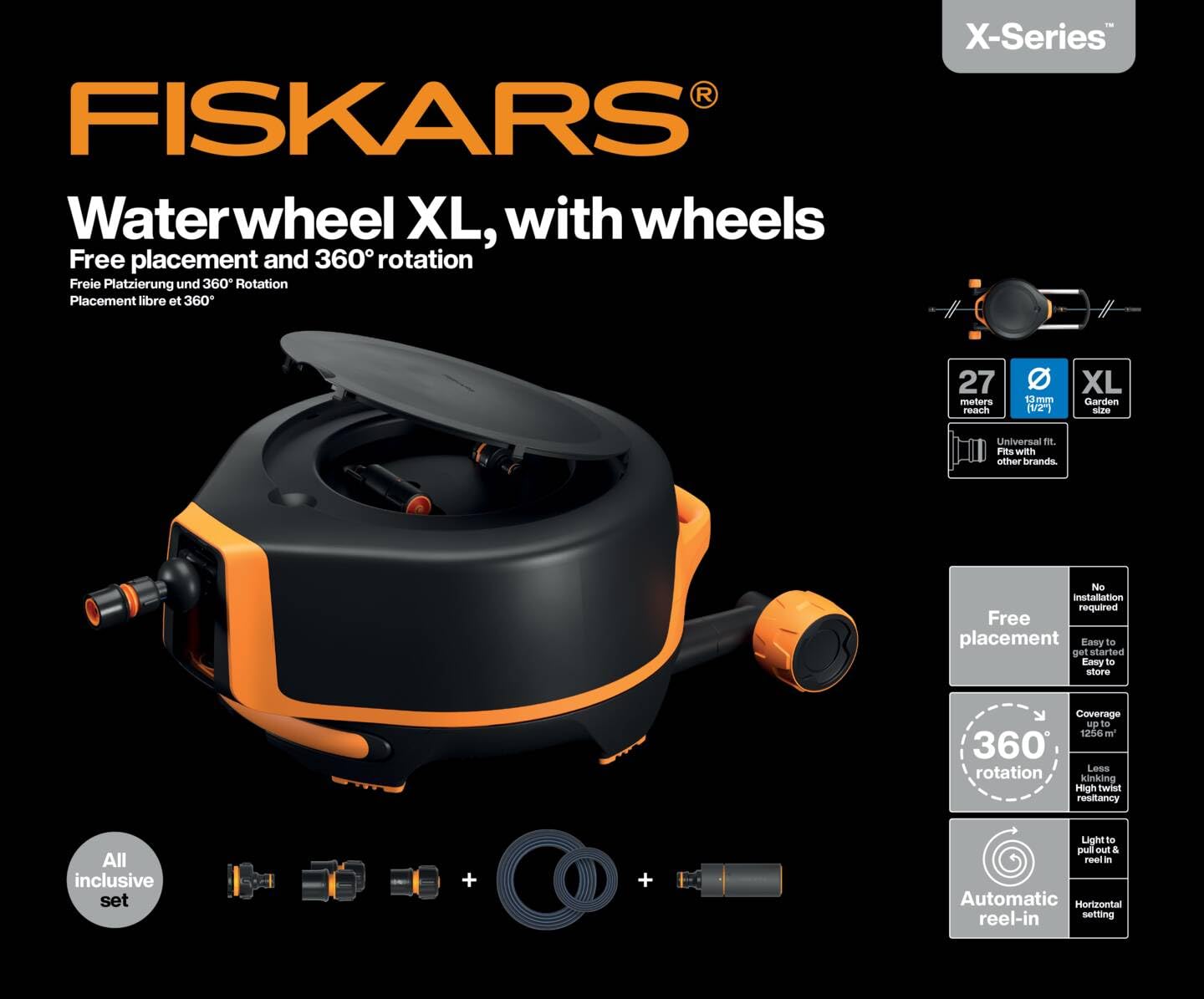 Fiskars Waterwheel XL mit Rädern, All-Inclusive-Bewässerungs-Set, 27 m Gesamtreichweite, Automatisches Aufrollen, Gartenschlauch in Universalgröße (Ø 13 mm), Universal-Hahnverbinder, X-series, 1067548