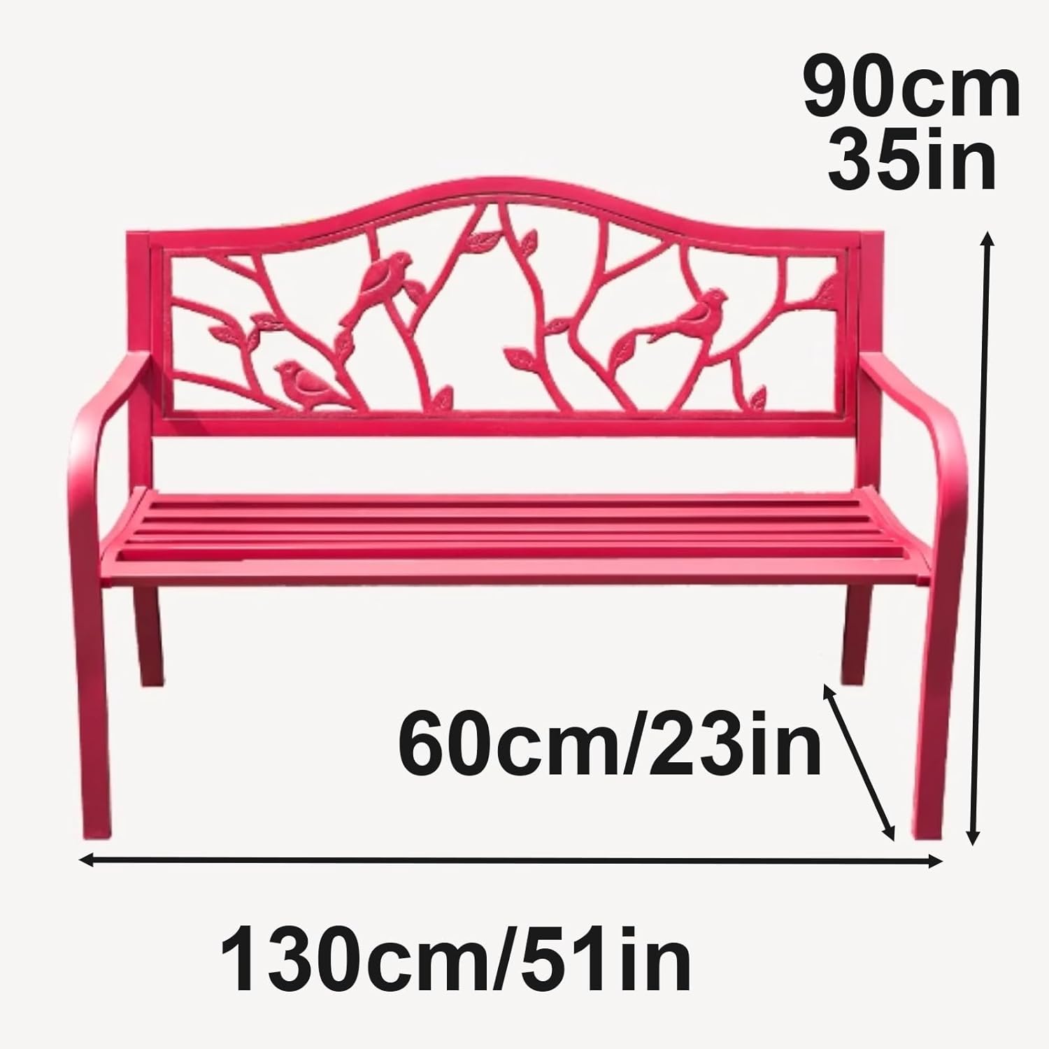 Pink Outdoor Bench with Bird & Branch Design Weather Resistant Garden Bench, Patio Loveseat with Ergonomic Backrest