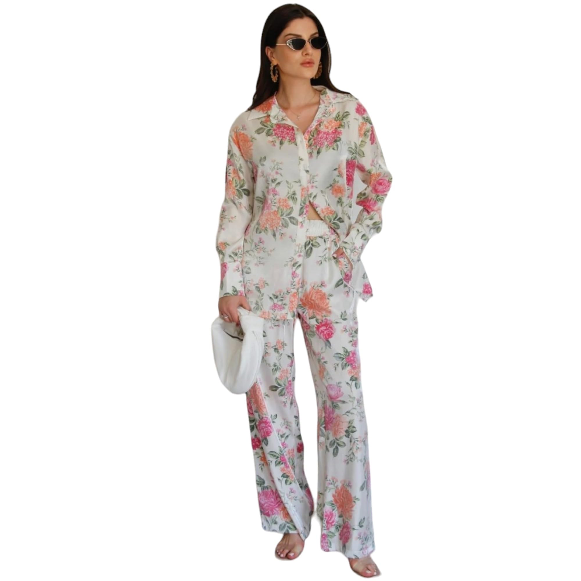 Gufrina Women's Co-Ords Set - Floral Print Shirt With Front Open Button And Wide-Leg Pants, Full Sleeves, Rayon Fabric (Pink Xxl)