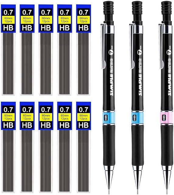 DECARETA Mechanical Pencil Set,Including 3 PCS 0.7mm HB Mechanical Pencils with Erasers,10 Tubes Lead Refills,Automatic Pencil Set for Drafting,Sketching,Illustrations,Drawing and Technical Work